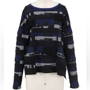 •AKRIS PUNTO• Denim Blue Jacquard Fringed Detail Long Sleeve Wool Cashmere Blend